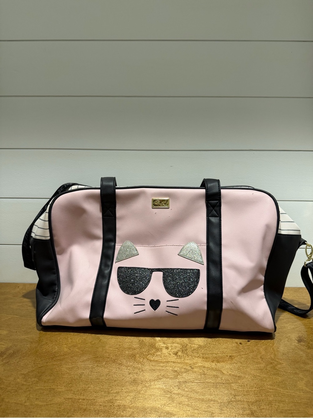 Betsey Johnson Pink and Black Cat Face Travel Bag